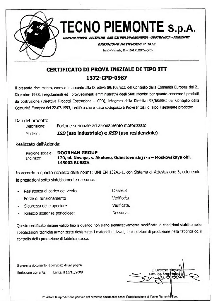 ЕС сертификат ворота 1372-СРD-0987 на итальянском
